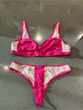 #150 Victoria's Secret Hot Pink and White Mesh Lingerie Set